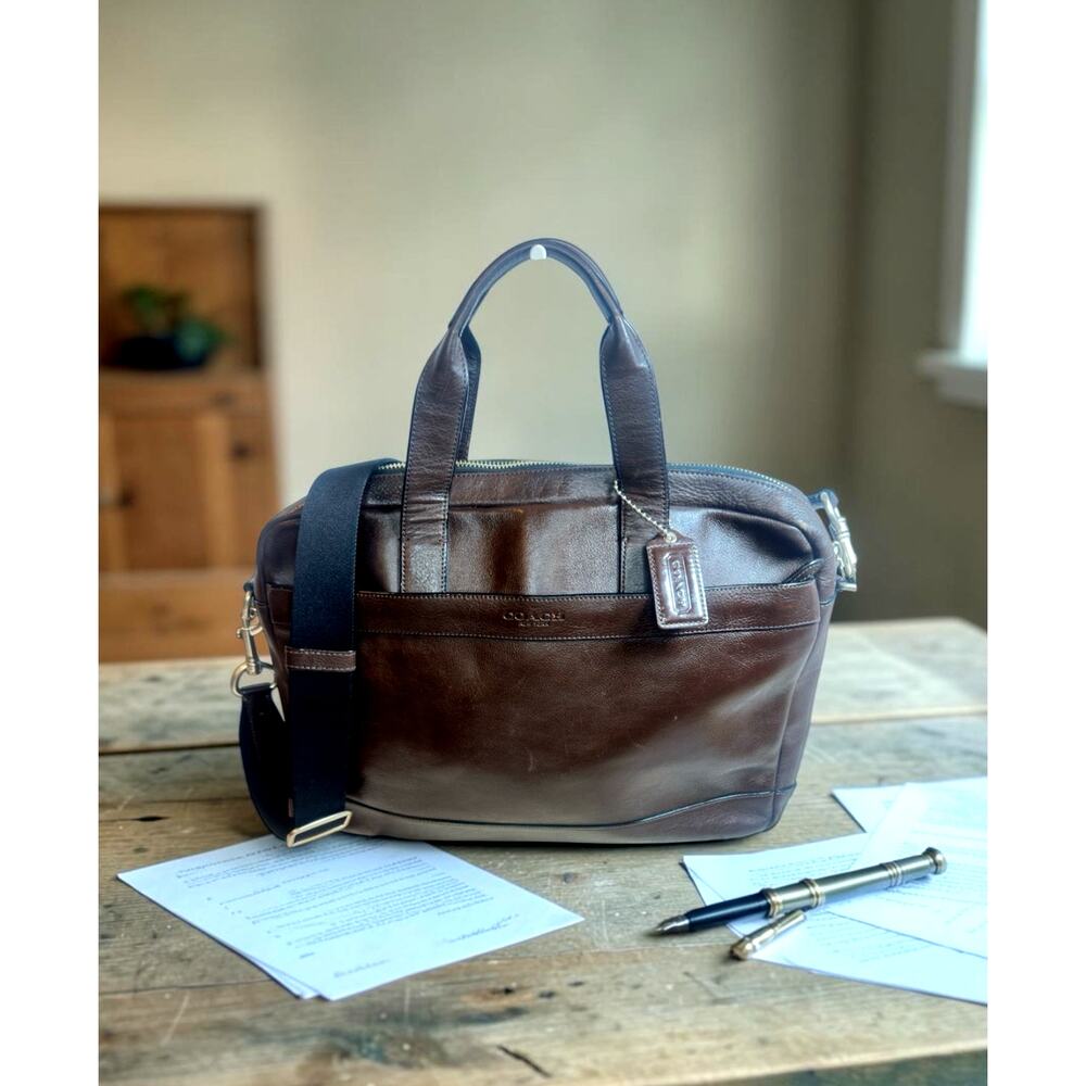 Coach Dark Brown Leather Laptop Bag Briefcase Crossbody Strap EUC